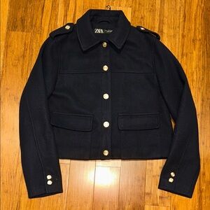 Zara Women's Navy Utility Jacket with Gold Buttons